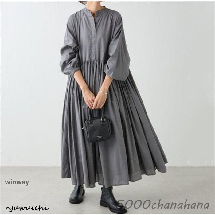 樂天商城 - シャツワンピース ロング 長袖 春夏 ぽわん袖 バルーンスリープ プリーツワンピ プリーツ 大きいサイズ レディース きれいめ ワンピース 春 マキシ丈 無地 ロン