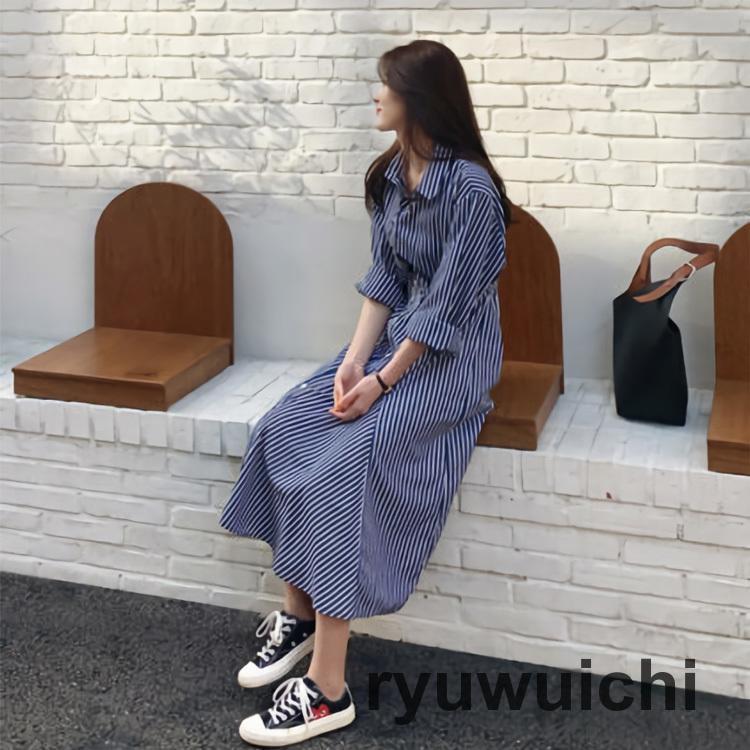 乐天商城 - シャツワンピース レディース ミモレ丈 長袖 Aライン 前ボタン ストライプ 羽織り カーディガン 通勤通学 ブルー 夏秋 おしゃれ 春 ミディアム丈
