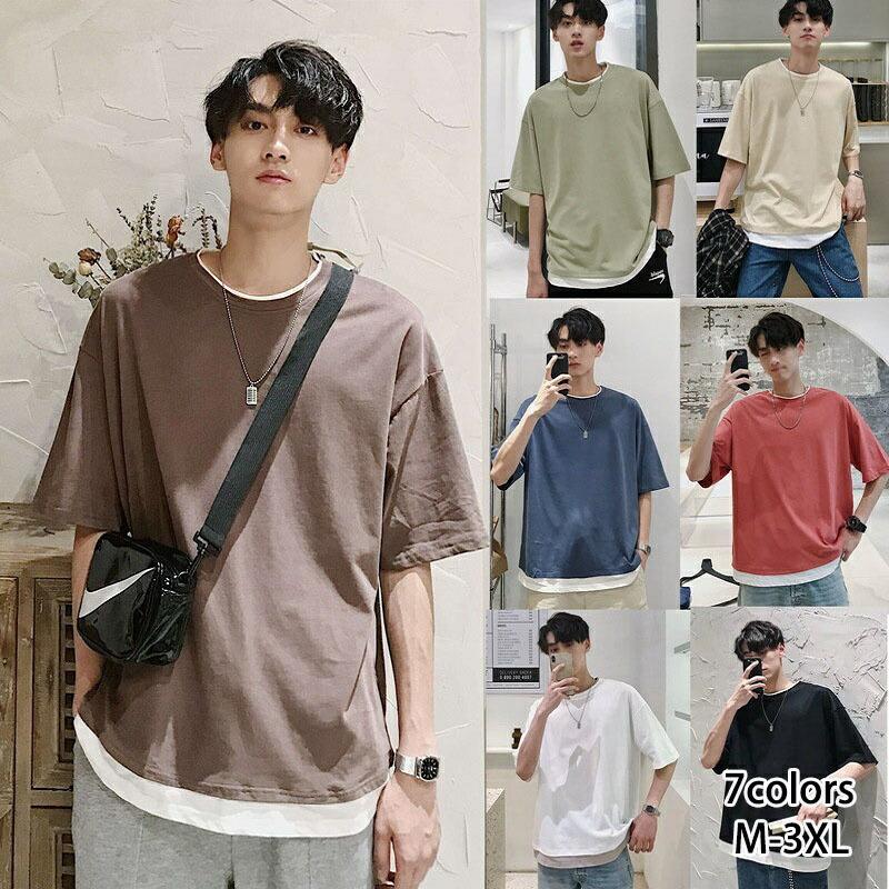乐天商城 - 韓国ファッション メンズ tシャツ ビッグシルエット レイヤード 半袖 無地 おしゃれ ビッグtシャツ コットン 韓国服 テレワーク おうちコーデ ピスタチオカラー ロング丈 ゆったり Tシャツ 無地 春 夏