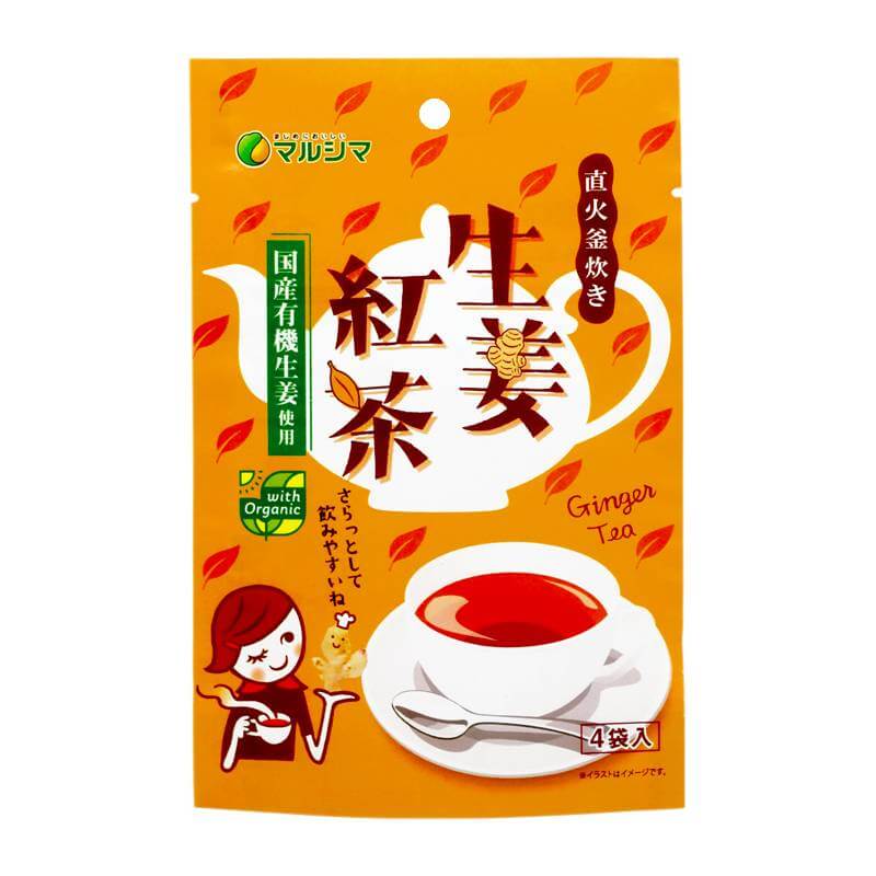 マルシマ 直火釜炊き生姜紅茶は、精製度の低い粗糖や有機黒糖を使用し、昔ながらの「直火釜」でじっくり炊き上げた、深いコクのある生姜紅茶です。・昔ながらの直火釜炊きによる深いコク精製度の低い粗糖や有機黒糖を使用し、昔ながらの「直火釜」でじっくり炊き上げているため、深いコクのある味わいが楽しめます。・厳選された国産素材広島県産のはちみつや山口県産の節蓮根粉末、南九州産の本葛粉など、メインの素材以外にもとことんこだわりました。・お召し上がり方・アレンジ1袋(10g)を100mlの熱湯でといてかきまぜながらお召し上がりください。その他、ミルクやレモンを加えたり、お湯で溶いた後に冷やしたり凍らせたり、寒天で固めてもおいしくお召し上がりいただけます。・ご注意はちみつを使用していますので、満1歳未満の乳幼児には飲ませないでください。＜マルシマについて＞株式会社純正食品マルシマのコンセプトは「まじめにおいしい」。長年にわたる醤油造りで学んだことを多くの製品づくりにも活かし、自然の恵みをなるべく脚色することなく謙虚な気持ちで使わせていただくこと、まじめにおいしくの気持ちこそがマルシマの基本姿勢です。毎日の食の基本、「信頼」で「おいしい」をひたすら追求し、見た目や流行にとらわれない日本の食卓をこれからも提供し続けています。■商品名：マルシマ 直火釜炊き生姜紅茶 有機生姜使用 広島県産はちみつ 山口県産蓮根粉末 南九州産本葛粉■名称：粉末清涼飲料■内容量：40g(10g×4)■原材料名：砂糖(てんさい(北海道産))、粗糖、馬鈴薯澱粉、有機生姜汁、有機黒糖粉末、紅茶粉末、本葛粉、有機生姜粉末、はちみつ、節蓮根粉末■賞味期限：製造日より1年半(540日)以内のものを発送(常温)■保存方法：直射日光・高温多湿を避けて常温で保存してください。■メーカー或いは販売者：株式会社純正食品マルシマ（広島県尾道市東尾道9番地2）■製造所：広島県尾道市高須町4834-9■製造国：日本■区分：食品栄養成分表示(1袋10gあたり)エネルギー：40kcal / たんぱく質：0.1g / 脂質：0.0g / 炭水化物：9.7g / 食塩相当量：0.0gアレルゲン(28品目)：無し【免責事項】 ※記載の賞味期限は製造日からの日数です。実際の期日についてはお問い合わせください。 ※自社サイトと在庫を共有しているためタイミングによっては欠品、お取り寄せ、キャンセルとなる場合がございます。 ※商品リニューアル等により、パッケージや商品内容がお届け商品と一部異なる場合がございます。 ※メール便はポスト投函です。代引きはご利用できません。厚み制限（3cm以下）があるため簡易包装となります。 外装ダメージについては免責とさせていただきます。