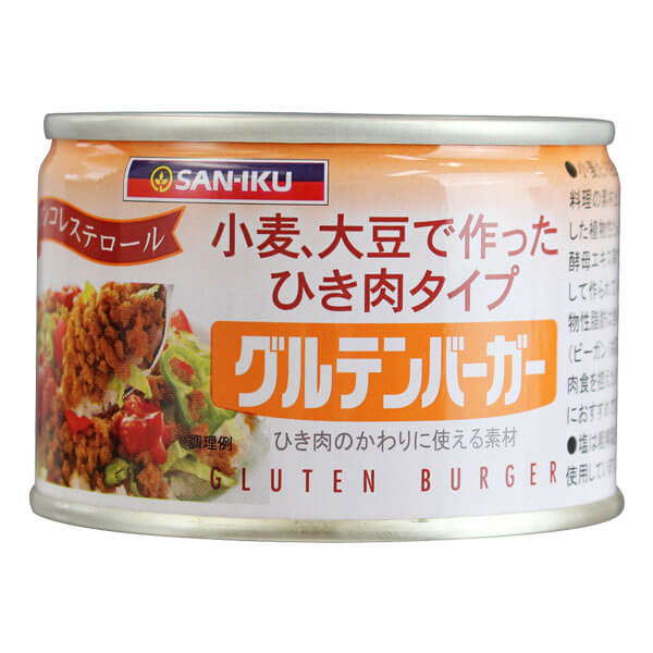 三育フーズ グルテンバーガーは、菜食の方(純菜食(ビーガン)対応可)、肉食制限の方のための植物性たんぱく食品で、料理の素材として作られています。 ●グルテンバーガーは菜食の方(純菜食(ビーガン)対応可)、肉食制限の方のための植物性たんぱく食品で、料理の素材として作られています。 ●グルテンバーガーは、小麦たんぱくと大豆たんぱくを主に、本醸造醤油、植物油脂、酵母エキス等を加え、ひき肉状に加工した植物性たんぱく食品です。 ☆ベジタリアン餃子の作り方☆ 〈皮〉 1.ボールに強力粉・塩・熱湯を加え、箸で手早く混ぜる。まとまってきたら箸を手にかえてよくこねる。ぬれ布巾をかけて約30分ねかせる。 2.生地をもう一度軽くこねる。打ち粉をした台に生地を取り、棒状にのばして24等分する。麺棒で7〜8cm位にのばす。（のばした生地を重ねる時は充分に打ち粉をつけること。） 〈具〉 1.キャベツ・にらはみじん切りにし、塩をしてしばらく置き、水気を絞る。 2.ボールにグルテンバーガー・1の野菜・えのきのみじん切り・たけのこのみじん切り・にんにく・しょうが・ごま油・片栗粉・醤油を入れ、よく混ぜる。 3.皮に具を入れて包む。 4.フライパンを熱し、油を引き、餃子を並べて入れ、1/3カップの水をいれて弱火で焼き、水気が無くなったら強火にして焼き色をつける。 ＜三育フーズ＞ 「穀類、野菜、果物、種実類、豆類、その他植物由来の自然食品・加工食品を食の中心とし（卵・乳は必要に応じて食する）運動・水・日光・節制（禁酒禁煙等）・空気・休息・信頼（NEW START）をライフスタイルとして生活をおくること。 そしてその実践により、自己実現と社会活動に積極的に参加していく」これが三育フーズの提唱する健康原則です。 ・卵乳菜食の啓発 三育フーズは卵乳菜食を提唱しています。 それは動物性原料の栄養成分が健康に及ぼす影響だけでなく、農薬などの環境汚染による影響が植物連鎖の面から考えて植物性原料よりも大きいと考えられ、さらに狂牛病など動物に発症した病気が食物からよりも人間に移りやすいなどの理由によります。但し、動物性の食品を全く摂取しないとビタミンB12が不足する可能性があり、必要に応じて摂取すべきであるとの学説があります。 その為、吟味した卵・乳製品を原料とした商品も提供しています。 ・習慣性を伴う原料は不使用 三育フーズはアルコール・カフェインを原料とした商品を製造していません。 色々な効能よりも心身への影響が大きいと考えるからです。 ・酢酸系飲料、香辛料は考慮して使用 三育フーズはできる限り刺激の強い原料は使わないようにしています。 ・添加物不使用優先 三育フーズはできる限り食品添加物を使わないようにしています。ただし信頼性・品質・味の面より必要な場合は天然物を優先して使用しています。 ・非遺伝子組換え・国産品・有機原料優先 三育フーズはお客様のお求め易い価格や品質を考慮しながら、できる限り安定供給可能な信頼性の高い原料を使用して製造しています。 ■商品名：三育フーズ グルテンバーガー 180g 大豆ミート 大豆 ベジタリアン ビーガン ヴィーガン 植物性たんぱく 缶詰 缶詰め ■内容量：180g ■原材料名：小麦たん白（国内製造）、大豆たん白、大豆油、小麦でん粉、しょうゆ、植物たん白酵素分解物、塩、酵母エキス、砂糖、昆布末 ■栄養成分表示（100g当たり）： エネルギー：171kcal たんぱく質：16.2g 脂 質：9.4g 炭水化物：5.3g コレステロール：0mg 飽和脂肪酸：1.45g 食塩相当量：0.92g ■アレルギー物質：小麦、大豆 ■メーカー或いは販売者：三育フーズ ■賞味期限：2年 ■保存方法：直射日光を避けて冷暗所に保管してください。 ■区分：食品 ■製造国：日本【免責事項】 ※記載の賞味期限は製造日からの日数です。実際の期日についてはお問い合わせください。 ※自社サイトと在庫を共有しているためタイミングによっては欠品、お取り寄せ、キャンセルとなる場合がございます。 ※商品リニューアル等により、パッケージや商品内容がお届け商品と一部異なる場合がございます。 ※メール便はポスト投函です。代引きはご利用できません。厚み制限（3cm以下）があるため簡易包装となります。 外装ダメージについては免責とさせていただきます。