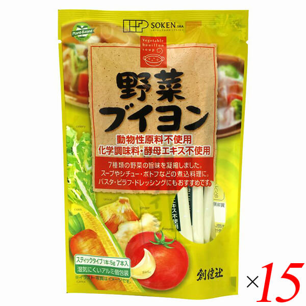 創健社 野菜ブイヨンは7種類の野菜の旨味を凝縮した使いやすい顆粒タイプのブイヨン（スティック個包装）。 動物性原材料を一切使用せず、植物素材のみで作りました。 ○7種類の野菜（玉ねぎ・人参・トマト・とうもろこし・にんにく・セロリ・しょうが）の旨味に有機べに花油のまろやかな味わいを合わせ、深みのあるコクを引き出した、使いやすい顆粒タイプのブイヨンです。 ○動物性の油脂、エキスなど動物性原料を一切使用しておりません。 ○野菜料理にはもちろん、お肉や魚介の料理に使うと素材の味が引き立ち風味が一層豊かになります。 ○食塩は旨みのある海水塩を使用しています。 ○素材の風味を大切にし、化学調味料・酵母エキスは使用しておりません。 ◆お召し上がり方 野菜スープ（1袋で2人分） 1.器に1袋の中身をあけます。 2.熱湯を300ml注ぎます※お好みにより熱湯の量は加減して下さい。 3.軽くかきまぜてお召し上がりください。 スープ以外にも、シチュー・ロールキャベツ・カレーなどの煮込み料理、ピラフ、リゾット、チャーハン、パスタ、グラタン、ドレッシングの味付け、ハンバーグの下味付けにもお使い頂けます。 ＜創健社について＞ 半世紀を超える歴史を持つこだわりの食品会社です。 創業の1968年当時は、高度経済成長期の中、化学合成された香料・着色料・保存料など食品添加物が数多く開発され、大量生産のための工業的製法の加工食品が急速に増えていました。 創業者中村隆男は、「食べもの、食べ方は、必ず生き方につながって来る。食生活をととのえることは、生き方をととのえることである。」と提唱し、変わり行く日本の食環境に危機感を覚え、より健康に繋がる食品を届けたいと願って創健社を立ち上げました。 いまでこそ持続可能な開発目標（SDGs）として取り上げられているようなテーマを、半世紀を超える歴史の中で一貫して追求してまいりました。 世の食のトレンドに流されるのではなく、「環境と人間の健康を意識し、長期的に社会がよくなるために、このままでいいのか？」と疑う目を持ち、「もっとこうしたらいいのでは？」と代替案を商品の形にして提案する企業。 わたしたちはこの姿勢を「カウンタービジョン・カンパニー」と呼び、これからも社会にとって良い選択をし続ける企業姿勢を貫いて参ります。 ■商品名：ブイヨン 野菜ブイヨン コンソメ 創健社 野菜ブイヨン だし 野菜だし スティック 個包装 顆粒 植物性 スープ ベジタリアン ヴィーガン 送料無料 ■内容量：5g×7本×15個セット ■原材料名：澱粉分解物［タピオカ（タイ他）］、食塩（兵庫）、野菜パウダー［たまねぎ（フランス、エジプト）、人参（国内産）、トマト（スペイン）、とうもろこし：遺伝子組換えでない（アメリカ）］、粉末小麦発酵調味料［小麦（フランス、ドイツ他）を含む］、香辛料［にんにく粉末（アメリカ）、生姜粉末（ベトナム）、セロリ粉末（インド、スペイン、オランダ他）、黒胡椒（マレーシア、ベトナム、インド他）］、粉末醤油［大豆：遺伝子組換えでない（アメリカ、インド）を含む、小麦（国内産他）］、食用植物油脂［有機べに花油（アメリカ）］、馬鈴薯澱粉（ヨーロッパ、国内産他） ■アレルゲン（28品目）：小麦 / 大豆 ■分析データ：1袋：5gあたり エネルギー：13kcal たんぱく質：0.2g 脂質：0.03g 炭水化物：2.9g 食塩相当量：1.7g この表示値は、目安です。 ■メーカー或いは販売者：創健社 ■賞味期限：540日 ■保存方法：直射日光・高温多湿を避け常温暗所保存 ■区分：食品 ■製造国：日本 ■注意事項： ○本品製造工場では「卵」・「乳成分」・「そば」・「落花生」・「えび」・「かに」を含む製品を生産しています。 ○澱粉分解物はタピオカ澱粉から作られた食品素材で、ブイヨンを溶けやすく顆粒状にする為に使用しています。 ○粉末小麦発酵調味料は小麦を主原料に発酵させて作った調味料です。 ○粉末醤油の大豆は、遺伝子組換えをしていません。【免責事項】 ※記載の賞味期限は製造日からの日数です。実際の期日についてはお問い合わせください。 ※自社サイトと在庫を共有しているためタイミングによっては欠品、お取り寄せ、キャンセルとなる場合がございます。 ※商品リニューアル等により、パッケージや商品内容がお届け商品と一部異なる場合がございます。 ※メール便はポスト投函です。代引きはご利用できません。厚み制限（3cm以下）があるため簡易包装となります。 外装ダメージについては免責とさせていただきます。