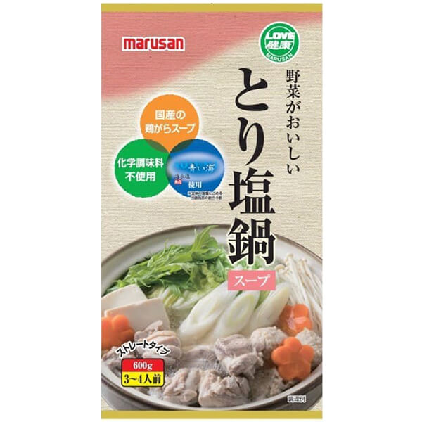 マルサン 野菜がおいしいとり塩鍋スープは風味豊かな国産鶏がらスープをベースに沖縄海水塩「青い海」を加え、玄米黒酢を隠し味に仕上げたとり塩鍋スープです。 化学調味料は不使用です。 ◆お召し上がり方 材料は食べやすい大きさに切ります。本品1袋をよく振ってから鍋に入れ、沸騰させます。 鶏もも肉、鶏だんごを入れ、煮込みます。 豆腐、きのこ類、野菜等を加え、煮立てば出来上がりです ＜マルサンアイ株式会社＞ 自然の恵みから、おいしさと健康を。 豆乳・みそ工場とも「FSSC22000認証」を取得し、さらに豆乳工場では、「有機加工食品生産行程管理者」の認証を受けるなど、厳しい品質規格を遵守しています。 製品に使用している原材料に対してもこだわっており、豆乳やみその主原料の大豆は、全てNon−GMO（遺伝子組換えでない）大豆を使用しています。 ■商品名：鶏塩鍋 鍋つゆ 鍋スープ マルサン 野菜がおいしいとり塩鍋スープ 鍋の素 鶏しお 無添加 国産 ■内容量：600g ■原材料名：チキンエキス（国内製造）、食塩、白だし（小麦、かつお節、食塩、みりん、その他）、砂糖、米黒酢、かつお節エキス、昆布エキス ■アレルゲン：小麦 ■栄養成分：100gあたり 熱量：6kcal たんぱく質：0.6g 脂質：0.2g 炭水化物：0.5g 食塩相当量：1.3g ■メーカー或いは販売者：マルサンアイ ■賞味期限：540日 開封後は、残さず使い切ってください。 ■保存方法：直射日光や高温多湿を避けて保存してください。 ■区分：食品 ■製造国：日本【免責事項】 ※記載の賞味期限は製造日からの日数です。実際の期日についてはお問い合わせください。 ※自社サイトと在庫を共有しているためタイミングによっては欠品、お取り寄せ、キャンセルとなる場合がございます。 ※商品リニューアル等により、パッケージや商品内容がお届け商品と一部異なる場合がございます。 ※メール便はポスト投函です。代引きはご利用できません。厚み制限（3cm以下）があるため簡易包装となります。 外装ダメージについては免責とさせていただきます。