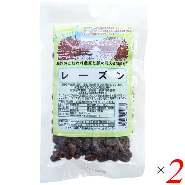 【BF限定!100円クーポン!学割2倍!】レーズン 120g 2個セット ネオファーム ドライフルーツ カリフォルニア 非加熱 送料無料