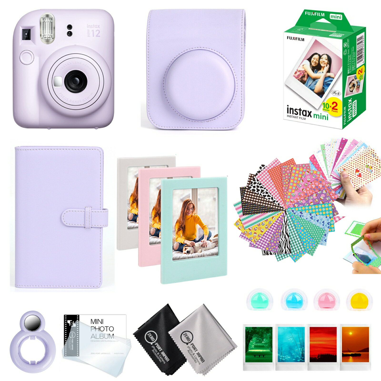 ［ギフトBOX 10点セット］ 富士フイルム チェキ instax mini12 本体 フィルム20枚 カメラケース［ライラックパープル］ 他 オリジナル..