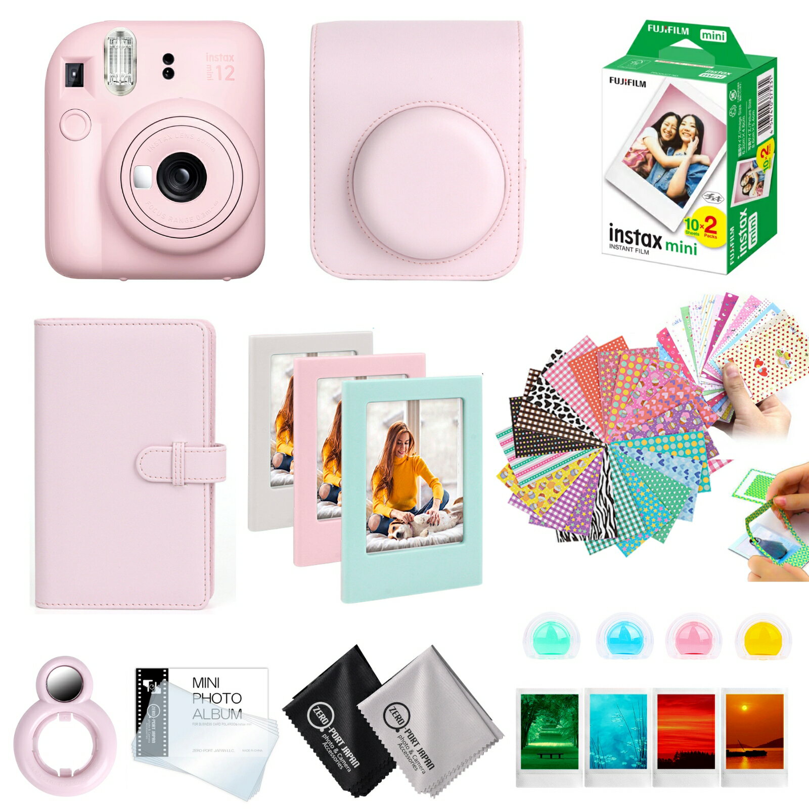 楽天ゼロポートジャパン［ギフトBOX 10点セット］ 富士フイルム チェキ instax mini12 本体 フィルム20枚 カメラケース［ブロッサムピンク］ 他 オリジナル付属品付