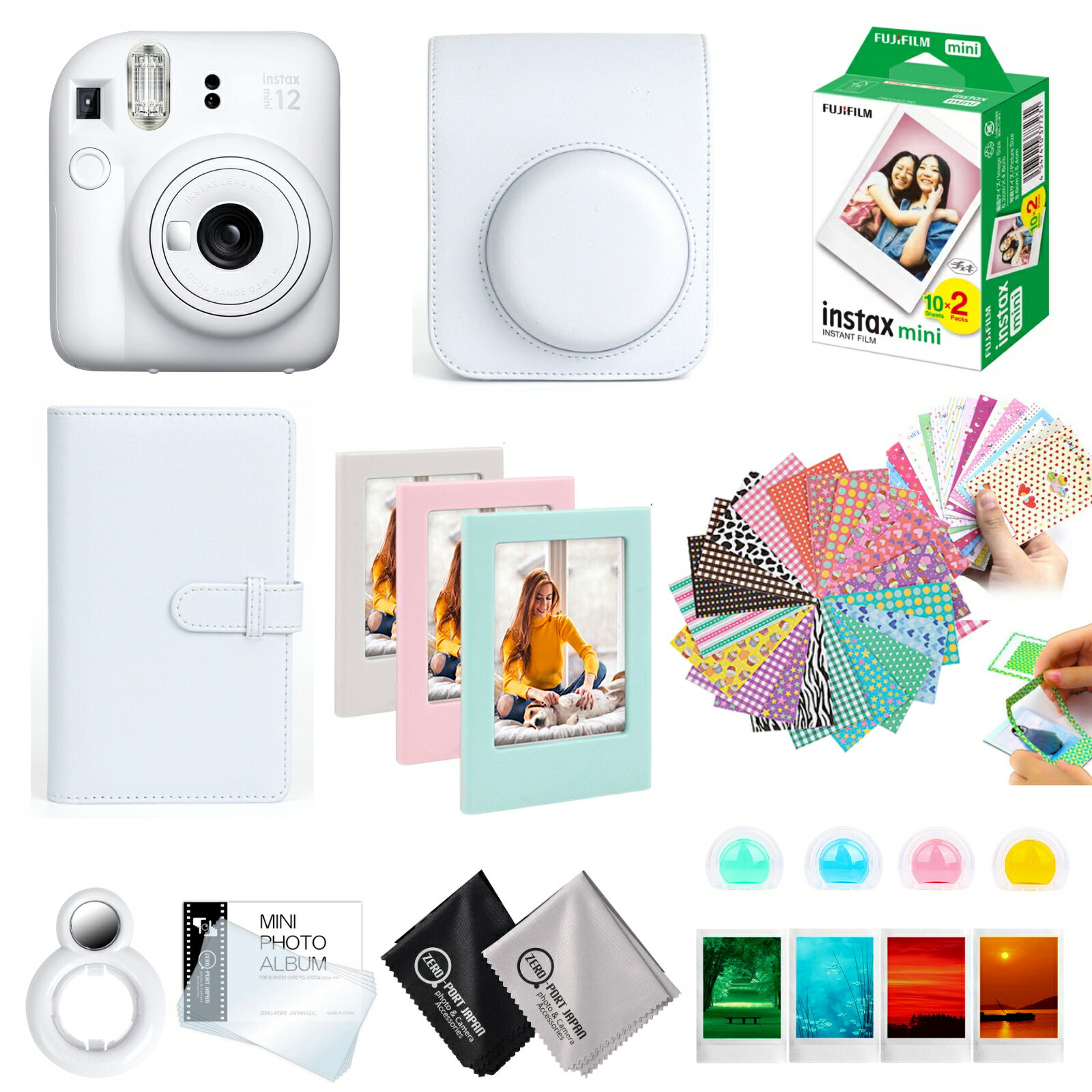 ［ギフトBOX 10点セット］ 富士フイルム チェキ instax mini12 本体 フィルム20枚 カメラケース［クレイホワイト］ 他 オリジナル付属品付