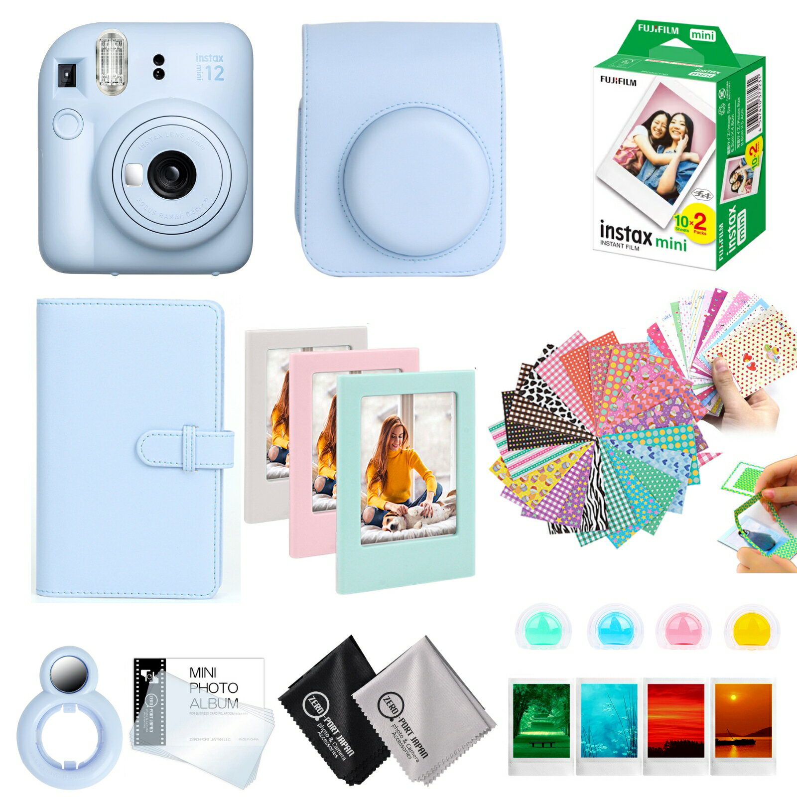 ［ギフトBOX 10点セット］ 富士フイルム チェキ instax mini12 本体 フィルム20枚 カメラケース［パステルブルー］ 他 オリジナル付属品付