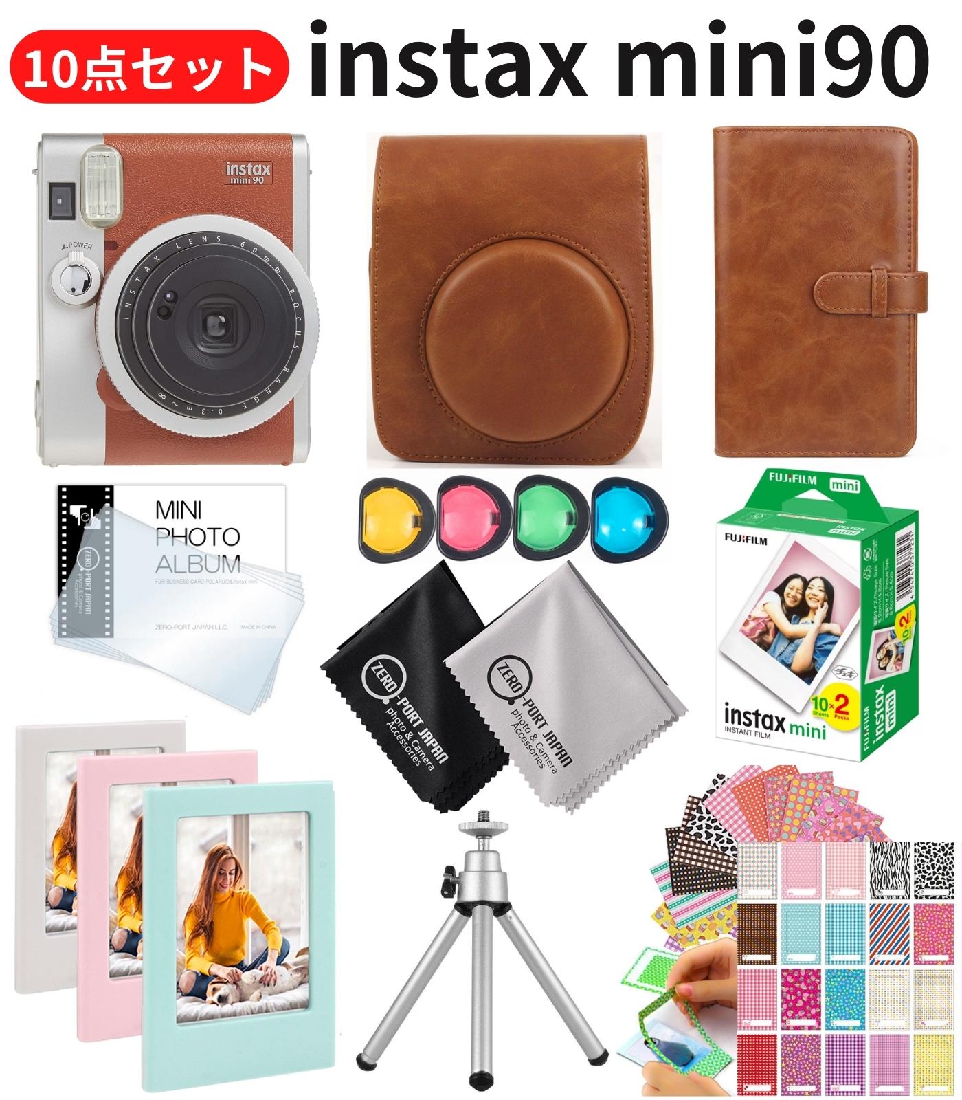 ［10点セット］ 富士フイルム チェキ instax mini90 本体 フィルム20枚 カメラケース［ブラウン］ 他 オリジナル付属品付