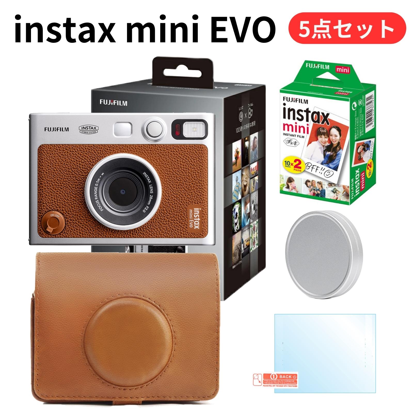 ［ギフトBOX仕様5点セット］ instax mini Evo チェキカメラ (チェキフィルム カメラケース 液晶保護フィルム レンズキャップ EVOカメラ本体) ブラウン