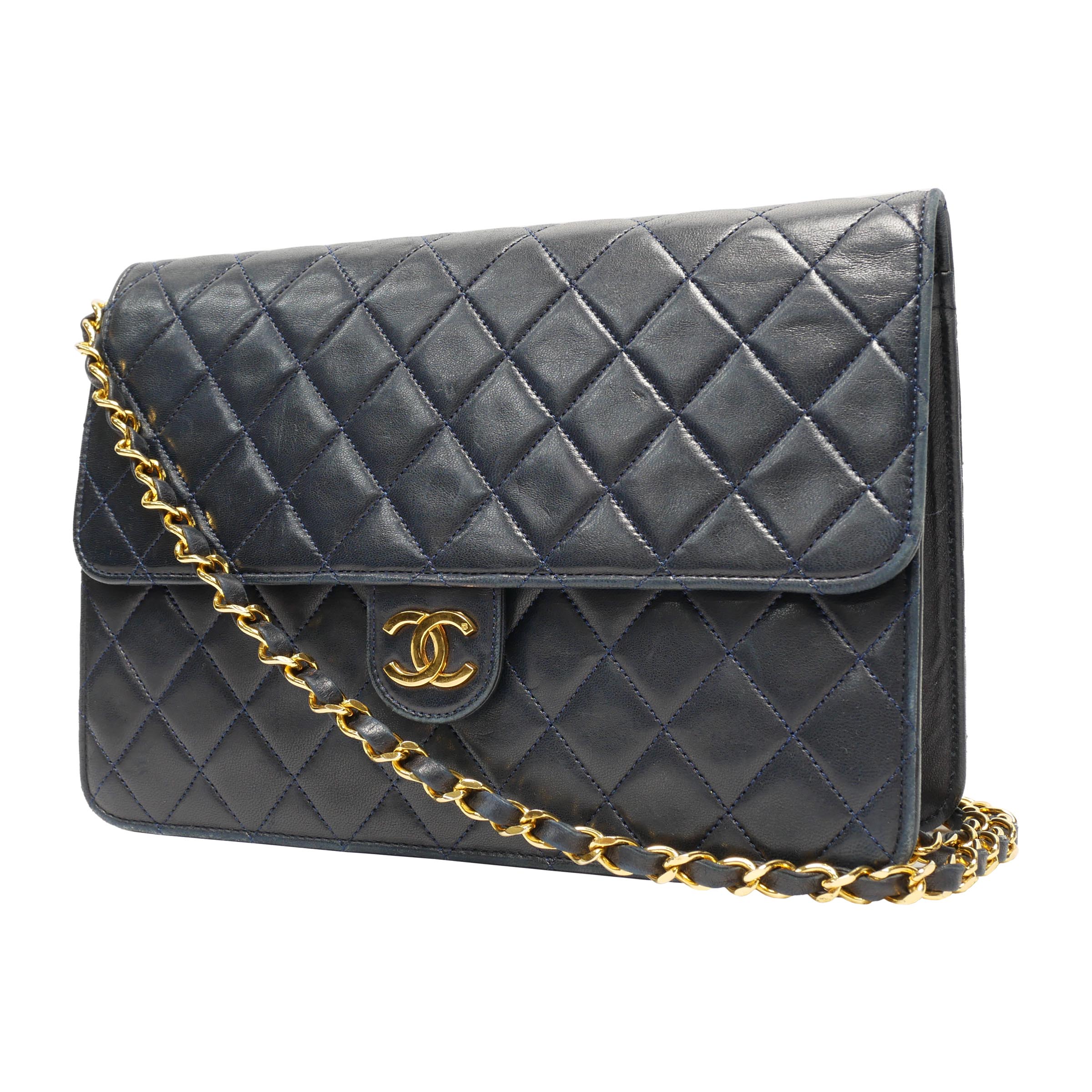 【中古】【良い】 OLDCHANEL オールドシャネル ヴィンテージシャネル マトラッセ チェーンショルダーバッグ ワンショルダーバッグ 肩掛けバッグ レディース 1985年 0番台 フルフラップ ココマーク ラムスキン ゴールド金具 ネイビー/ゴールド