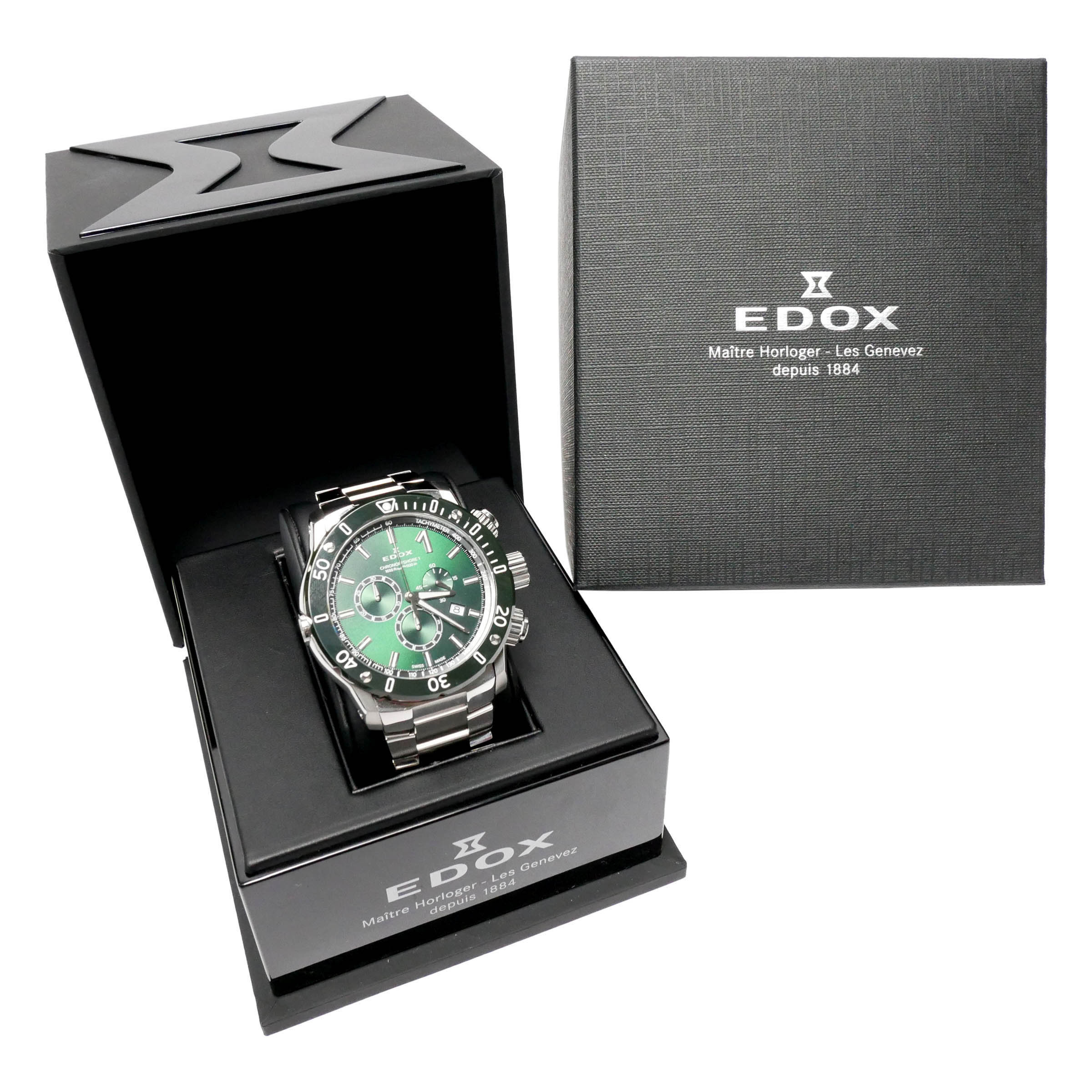 【中古】【非常に良い】 EDOX エドックス CHRONOFFSHORE-1 クロノオフショア1 スペシャルエディション 時計 腕時計 メンズ 紳士用 クオーツ デイト タキメータ クロノグラフ 50気圧防水 丸型 緑文字盤 ハイテクセラミック 316Lステンレス シルバー/グリーン 10221-3VM5-VIN5