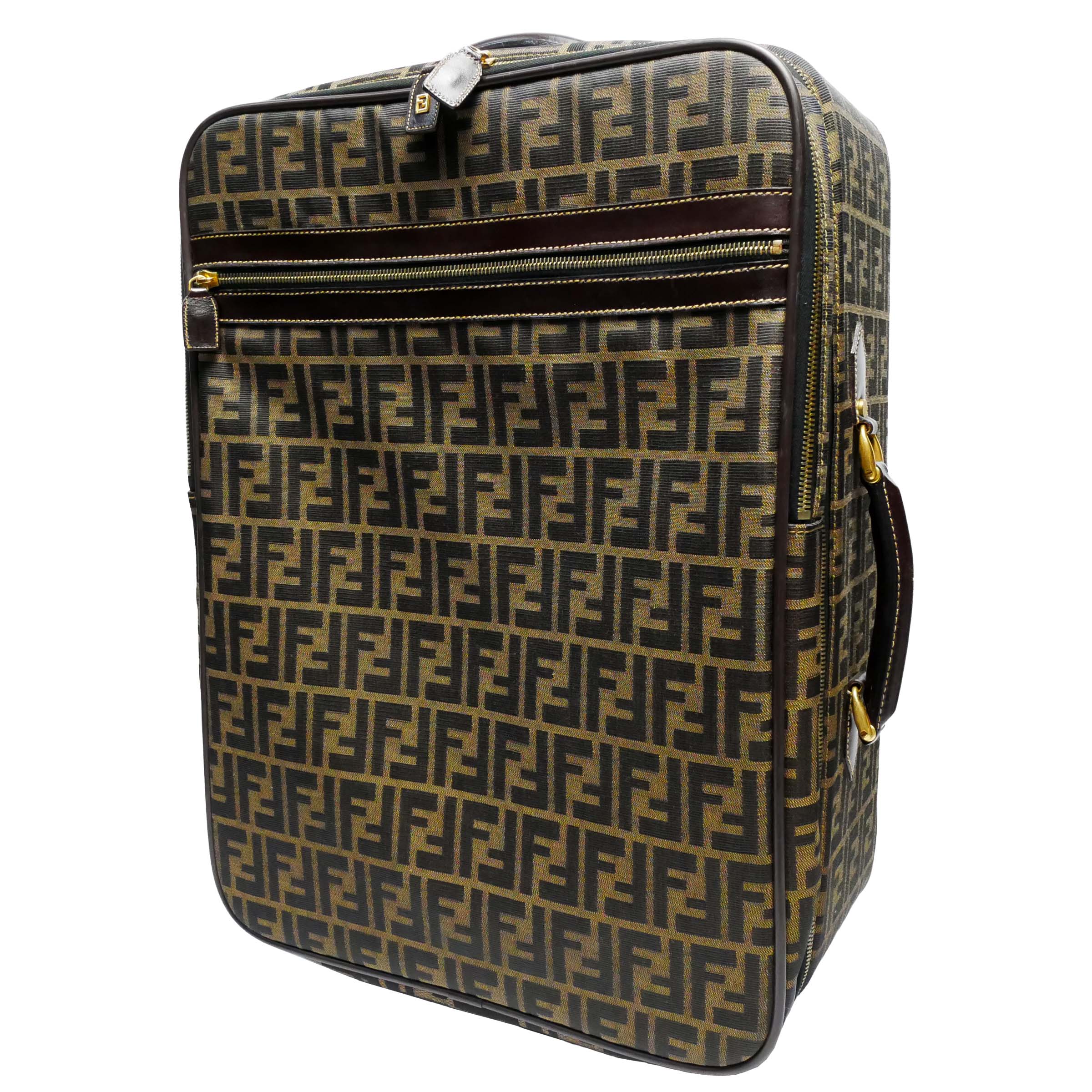 【中古】【良い】 OLDFENDI オールドフェンディ ヴィンテージフェンディ キャリーケース スーツケース トロリーバッグ トラベルバッグ ユニセックス 1990年代 ズッカ柄 FFロゴ 二輪 キャンバス/レザー ゴールド金具 カーキ/ブラック/ブラウン