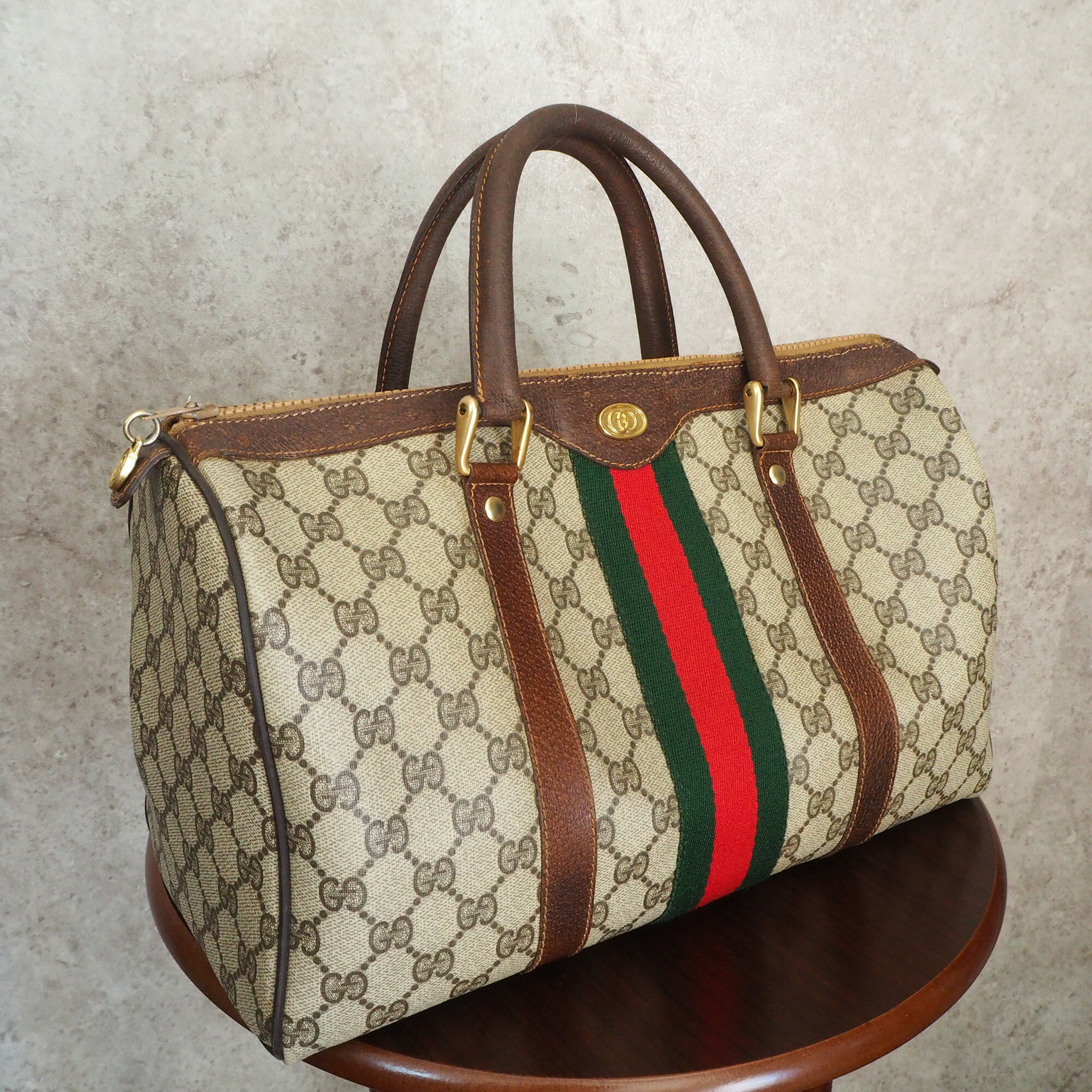 【中古】【良い】 OLDGUCCI オールドグッチ ヴィンテージグッチ アクセサリーコレクション シェリーライン ミニボストンバッグ ハンドバッグ トラベルバッグ ユニセックス 1980年代 80's GG柄 インターロッキングG PVC レザー ブラウン ベージュのサムネイル