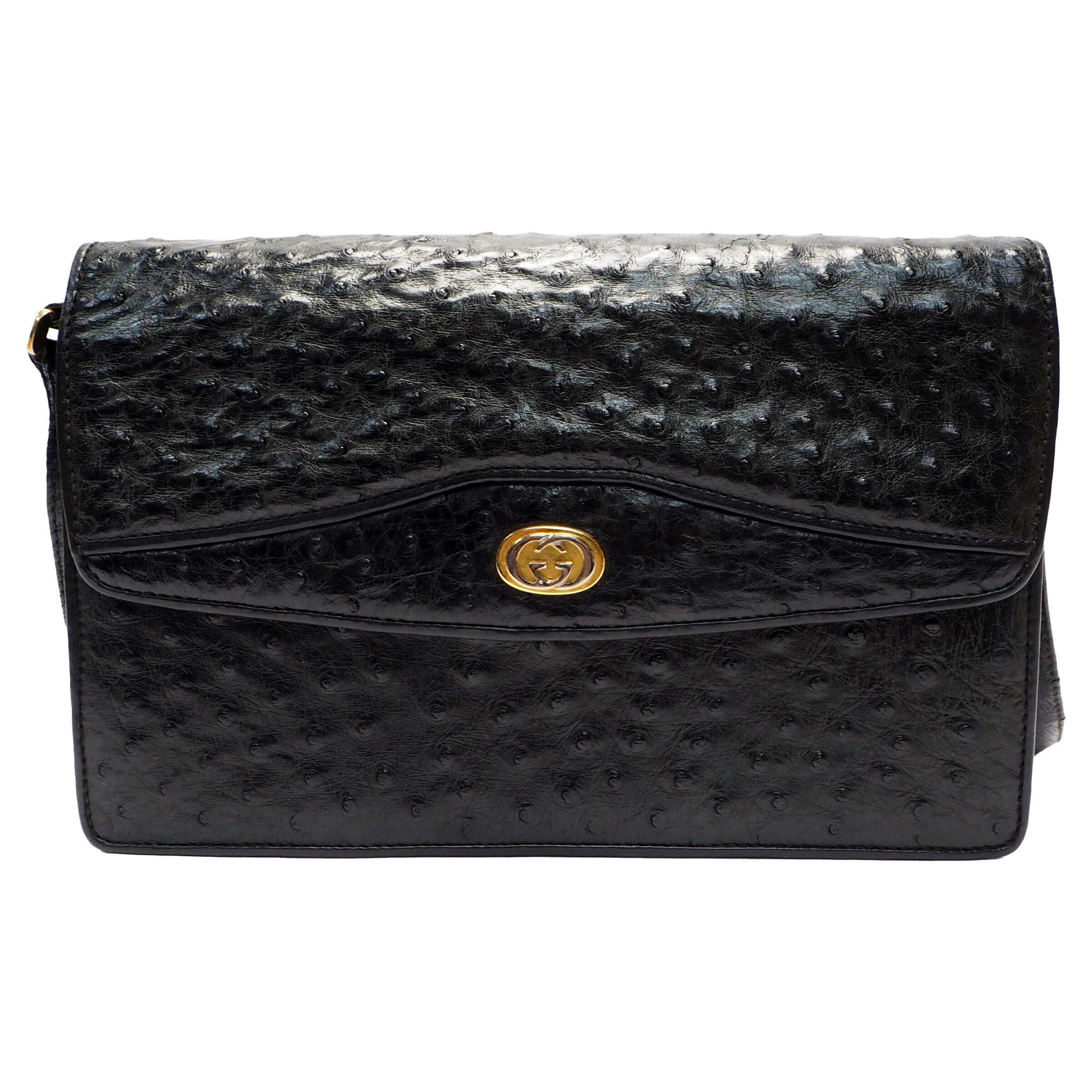 【中古】【良い】 OLDGUCCI オールドグッチ ヴィンテージグッチ ショルダーバッグ クラッチバッグ セカンドバッグ 2way レディース 1970年代 70'S シンプル インターロッキングG オーストリッチ ゴールド金具 黒色