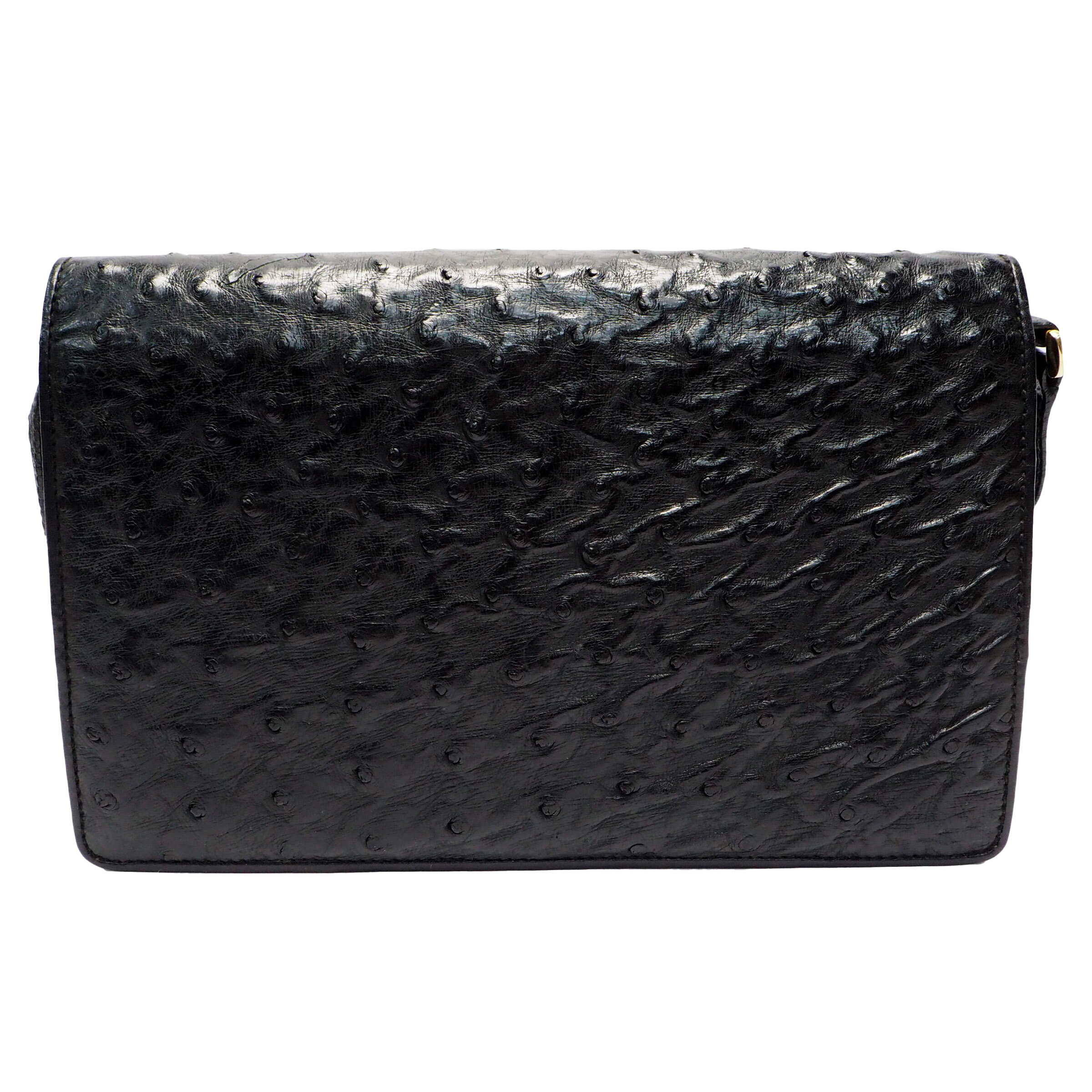 【中古】【良い】 OLDGUCCI オールドグッチ ヴィンテージグッチ ショルダーバッグ クラッチバッグ セカンドバッグ 2way レディース 1970年代 70'S シンプル インターロッキングG オーストリッチ ゴールド金具 黒色