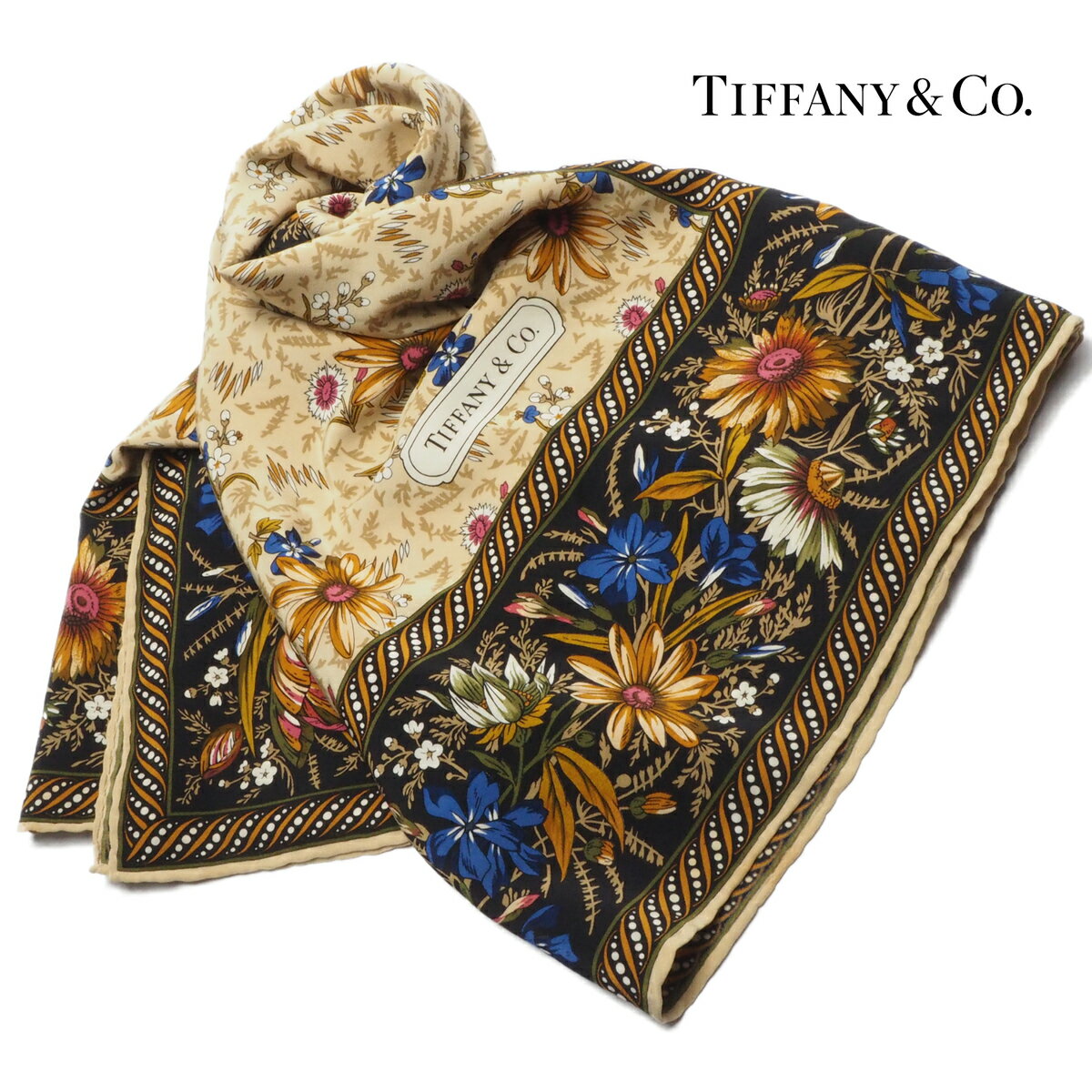 【中古】【良い】 TIFFANY&Co. ティファニー ショール スカーフ フラワーデザインスカーフ 花柄 シルク ベージュ 黒色 青色 マルチカラー レディース ブランド小物のサムネイル