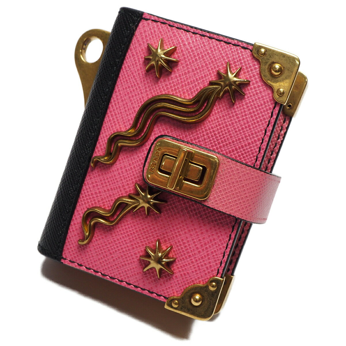 店長大暴走 クリアランスsale 良い Prada プラダ トリックノート型バッグチャーム メモ帳 レディース ブック型 星 ターンロック サフィアーノレザー ピンク ブラック メール便全国送料無料 Robisz To