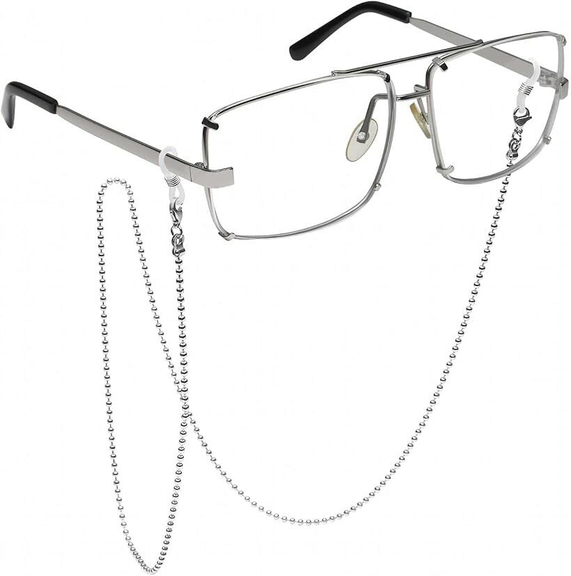Sunglasses - メガネチェーン グラスコード 眼鏡 サングラス ストラップ ステンレス 男女兼用 シルバー ラウンドビーズ (シルバー ラウンドビーズ, 約72cm)