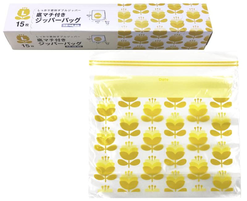 コア(Core) フリーザーバッグ マチ付き Lサイズ イエロー 15枚 レトロ柄 ダブルジッパー ジッパーバッグ チャック袋 食品保存 冷凍 保存袋 KB-101のサムネイル