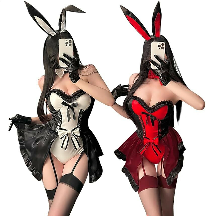 バニーガール コスチューム レディース セクシー コスプレ イベント 衣装 蝶ネクタイ うさ耳 手袋 ストッキング 5点セット (ホワイト, Free Size)