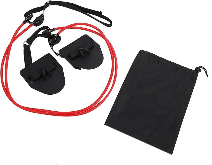 水泳用 スイミング トレーニングチューブ セット ストレッチバンド パドル ハンドル 用品 収納袋付属 (レッド)