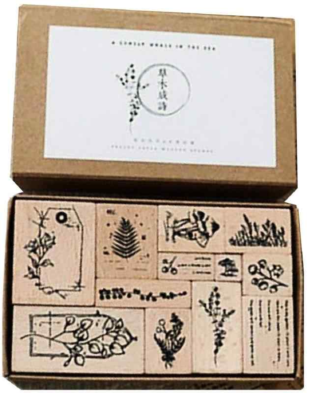 dilib 木製ゴム印セット 植物 花 木 スタンプ ゴム印 判子 ハンコ 可愛い かわいい スタンプセット スクラップブッキング イラスト クラフトカード 手帳用 (木製 12個セット)