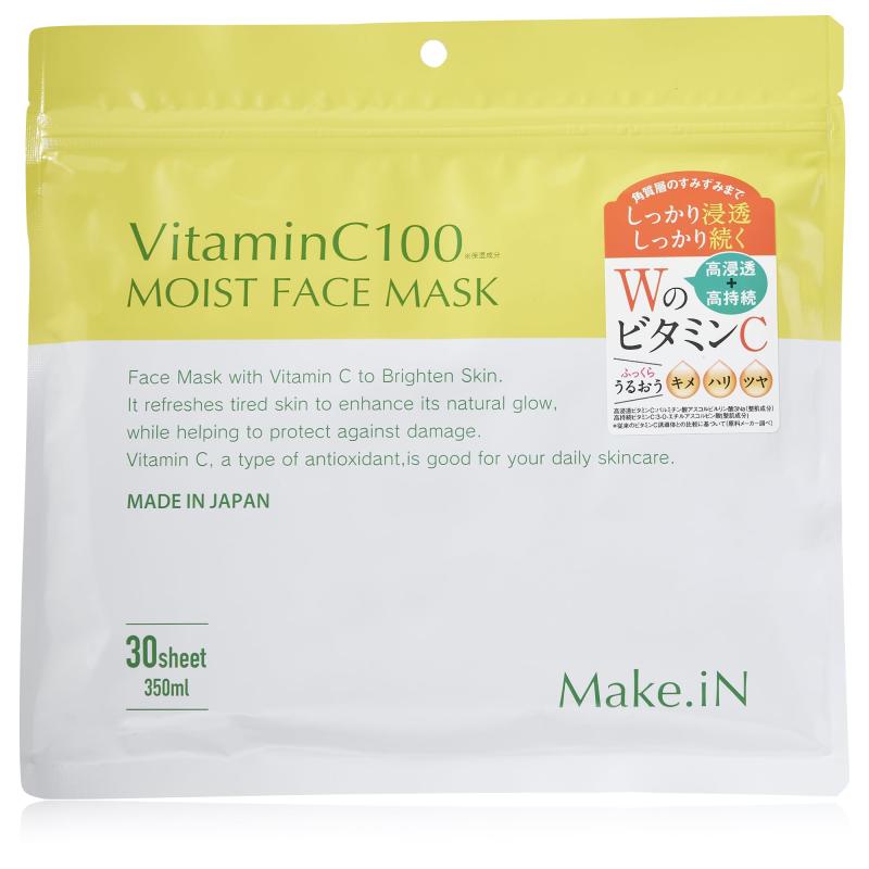 Make.iN Vitamin C 100 MOIST FACE MASK 30枚入 ビタミンC モイスト フェイスマスク パック 日本製 保湿 うるおい スキンケア (1)