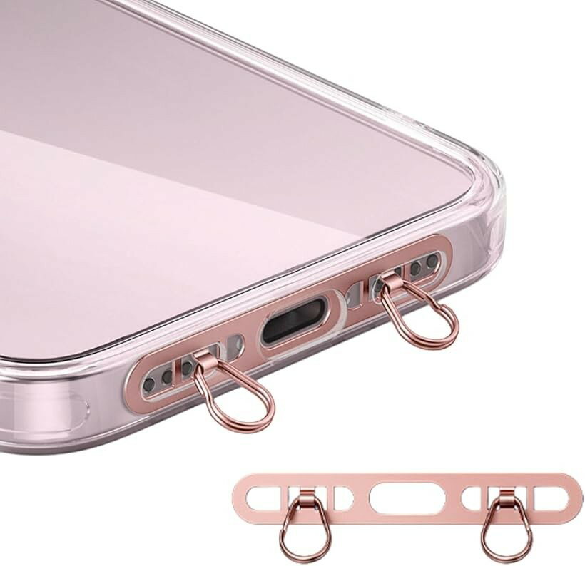 スマホストラップ ホルダー 0.4mm極薄 タグパッチ 金属製ダブルリング 2口タイプ 肩掛け 斜め掛け 首掛け 落下防止 ショルダーストラップ対応 (ピンク)