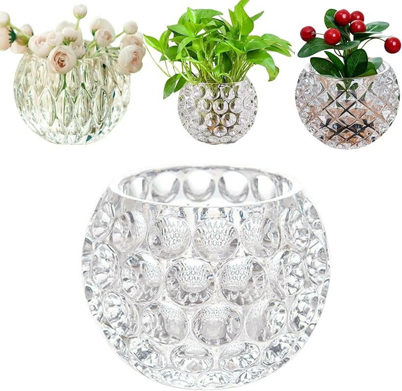 Crystal Products - 丸型 ガラス 花瓶 ガラス花瓶 金魚鉢 花器 フラワーベース ガラスベース 飾り瓶 アレンジ インテリア 水栽培 造花 韓国 北欧 ドット柄 Sサイズ (ドット柄, Sサイズ)