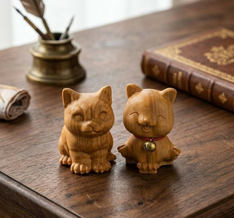 エンプティオ 木彫り ネコ 置き物 かわいい インテリア 小さい 木製 オブジェ デスク 玄関 オフィス (猫セット, 小) [3]