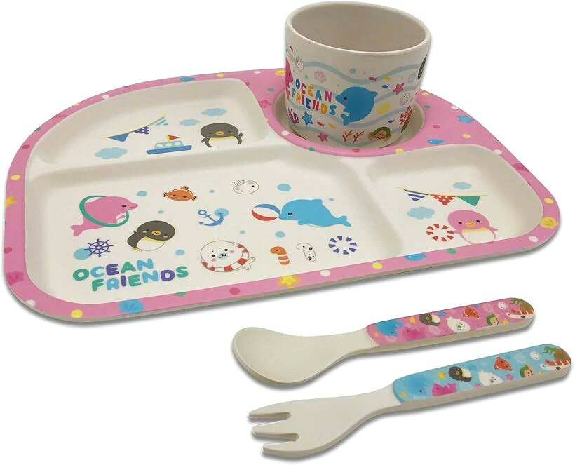 ecoな食器 ランチプレート 皿 子供食器 軽量 天然素材 仕切り 幼児用 4点セット オーシャンフレンズ ピンク (4点セット オーシャンフレンズ ピンク)