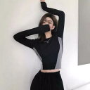 Tシャツ レディース 早秋 長袖 ショート丈 タイト インナー 接触冷感 ストリートファッション 部屋着 ブラック