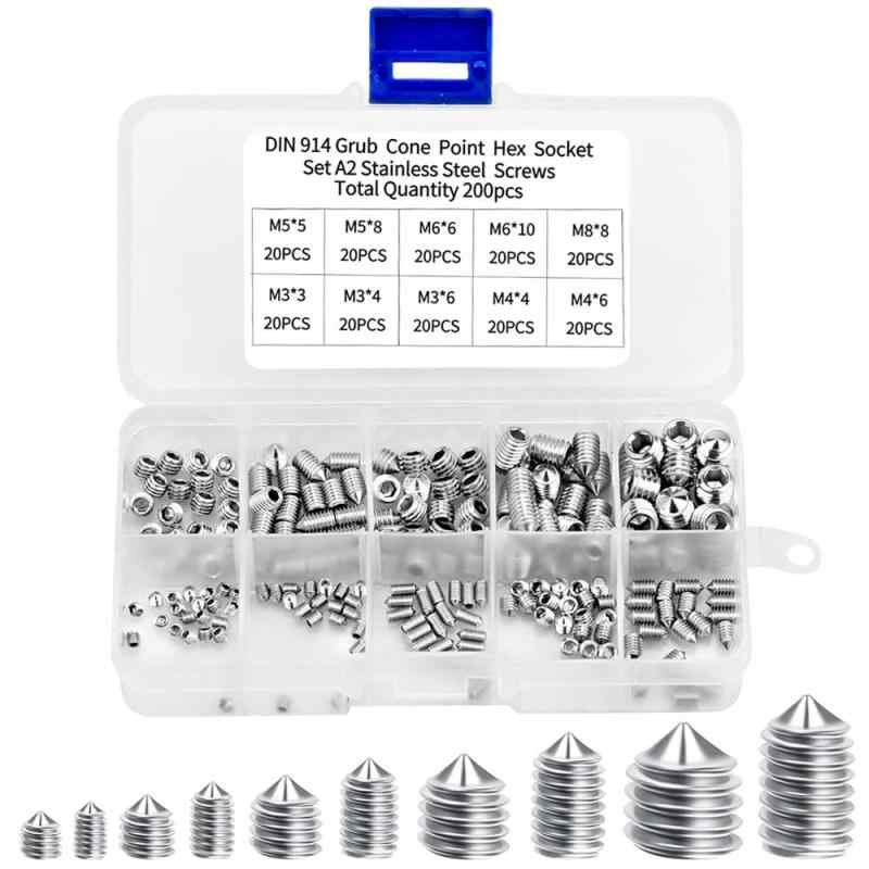 六角穴付止めネジ 内側六角 イモネジセット M3 M4 M5 M6 M8 10種類 200個セット 六角グラブネジ 304ステンレススチール 止め ねじ キット 接続用 修理ツール 配管工など 蛇口修理 イモネジセット