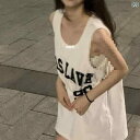 Tシャツ レディース ノースリーブ チュニック丈 レトロ ロゴプリント ゆったり 普段使い 部屋着 スポーツウェア ポリエステル ホワイト ピンク系