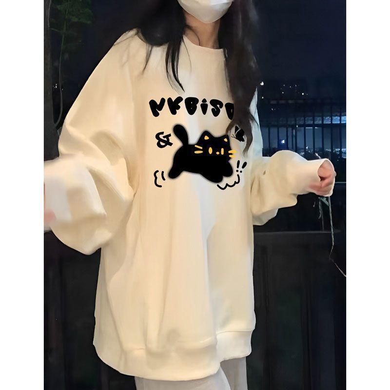 トレーナー レディース 猫柄 ゆったり トップス 再生繊維 杏色 オフホワイト スポーティー カジュアル