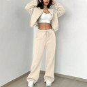 スポーツウェア レディース 休闲 上下セット スウェット セットアップ カーディガン ロングパンツ 杏色 欧美風 普段使い