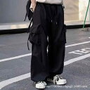 カジュアルパンツ レディース ポリエステル ワイド カーゴパンツ ハイウエスト ストレートパンツ ブラック ピンク系 ブルー 無地 普段使い