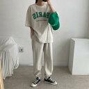 スポーツウェア レディース パンツ セットアップ 半袖 トップス ワイドレッグパンツ 部屋着 ルームウェア 韓国風 薄手 普段使い 3Dプリント 春夏 綿 混紡 伸縮性 M L XL 2L 3L グレー ブラック系