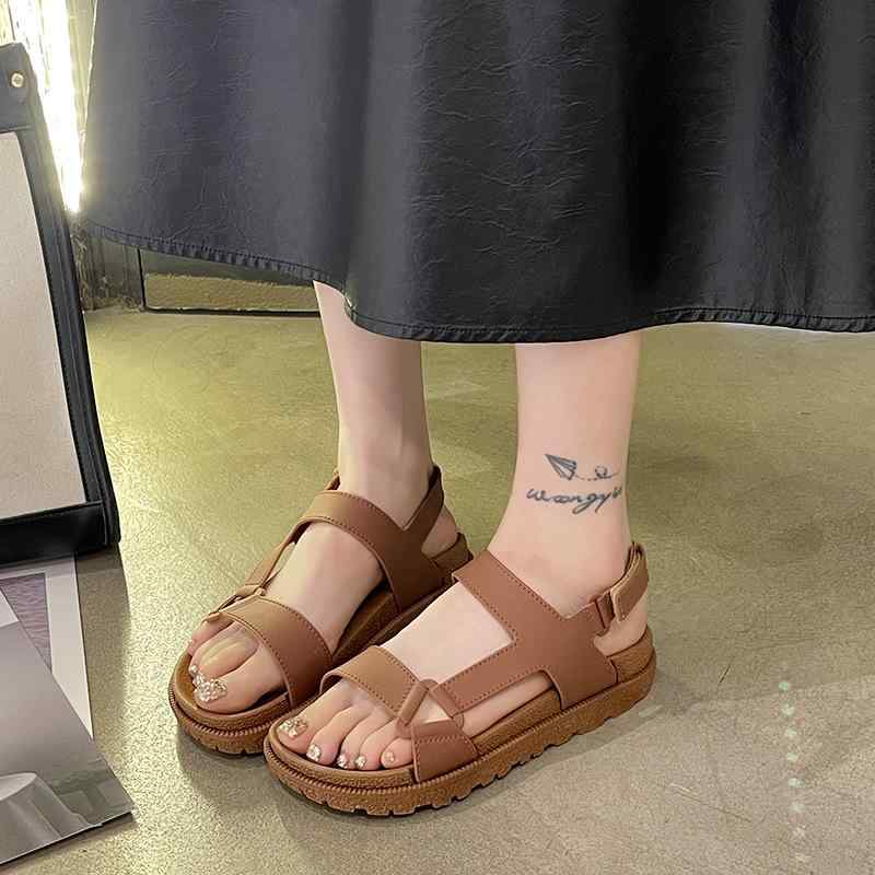 サンダル レディース ローマ風 フラットサンダル ビーチサンダル マジックテープ 留め ラウンドトゥ 無..