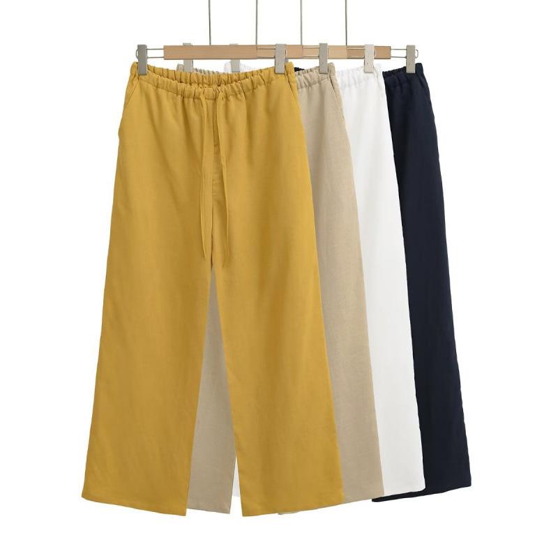パンツ レディース 亜麻 リネン 接触冷感 ストレート 薄手 ウエストゴム 涼しい ワイドレッグ イージー..