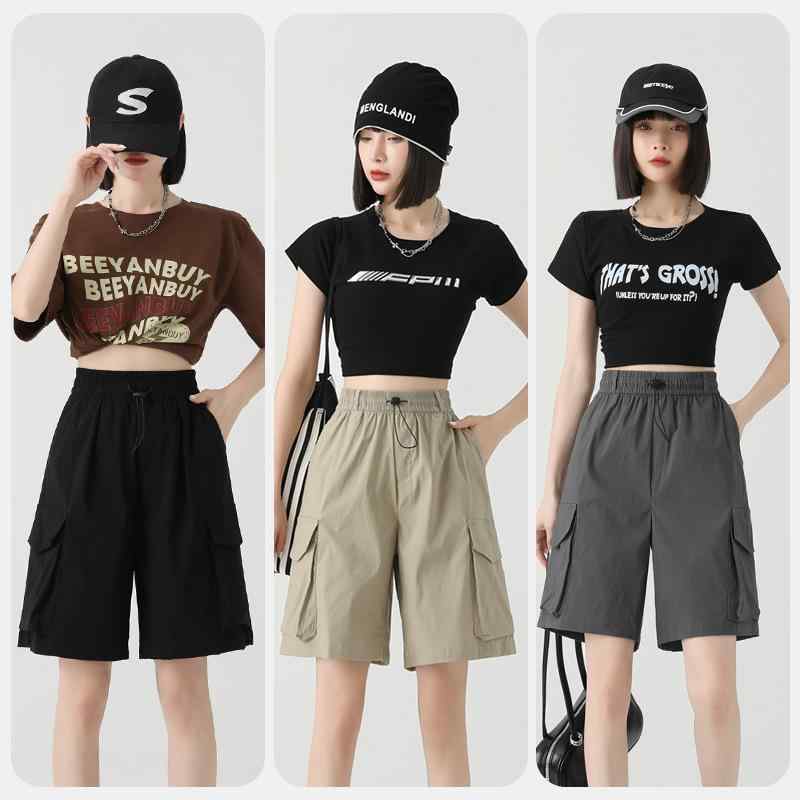 ハーフパンツ レディース 高腰 速乾 カーゴパンツ 接触冷感 ワイドレッグ 5分丈 ズボン 春夏 韓国風 カ..