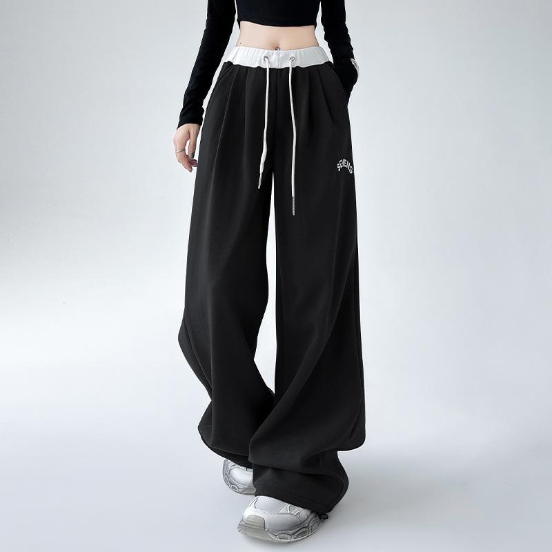 パンツ レディース 高腰 ストレート ワイドレッグパンツ 黒 ブラック グレー 灰色 綿 コットン 混紡 伸..