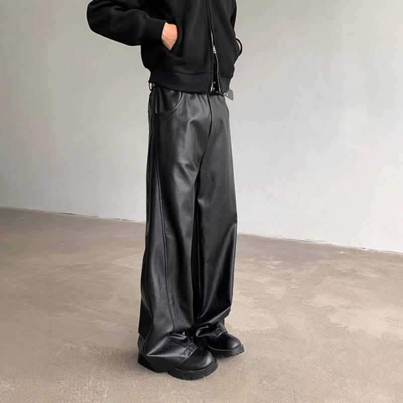 パンツ メンズ アメリカンレトロ PUレザーパンツ ワイドレッグパンツ ミラード ブラック 切り替え ゆっ..
