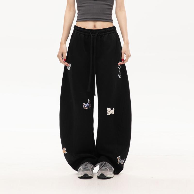 パンツ レディース 犬 アップリケ 刺繍 ワイドレッグパンツ ストレートパンツ 高級感 カジュアルパンツ..