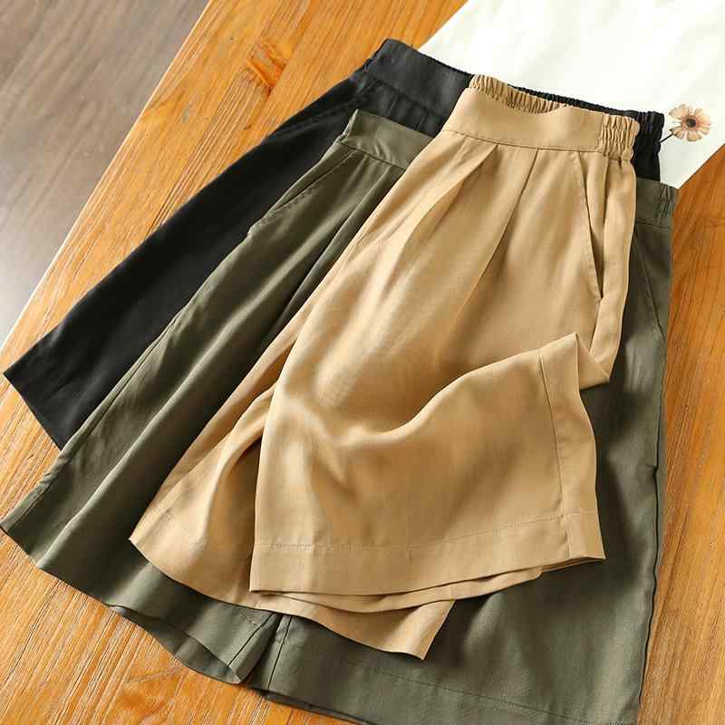ハーフパンツ レディース 薄手 ワイドレッグパンツ 接触冷感 高腰 ゆったりサイズ 普段使い リラックス カプリパンツ カーキ ブラック ミリタリーグリーン