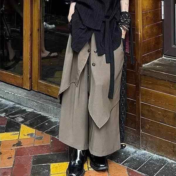 パンツ メンズ 男性用 ズボン スラックス ワイド ゆったり カーキ 高腰 伸縮性 ボタン飾り 不規則 アシ..