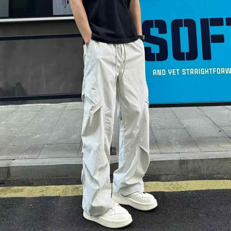 カジュアルパンツ メンズ 薄手 ワークパンツ ストレートパンツ ポリエステル 伸縮性 無地 高腰 黒 ブラ..