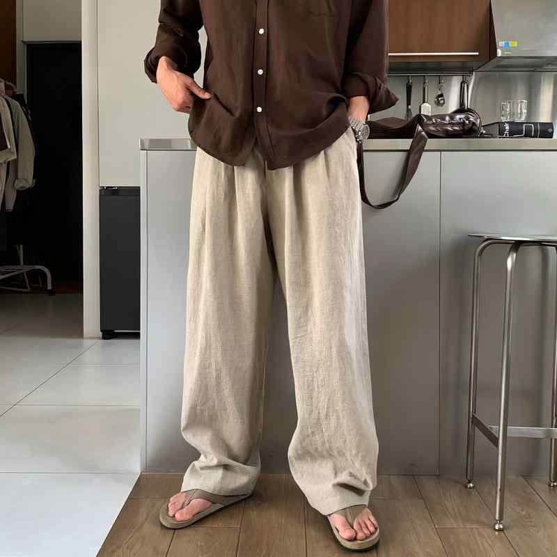 パンツ メンズ 男性用 薄手 亜麻 リネン混紡 ハーフゴム ウエスト ストレートパンツ イージーパンツ カ..