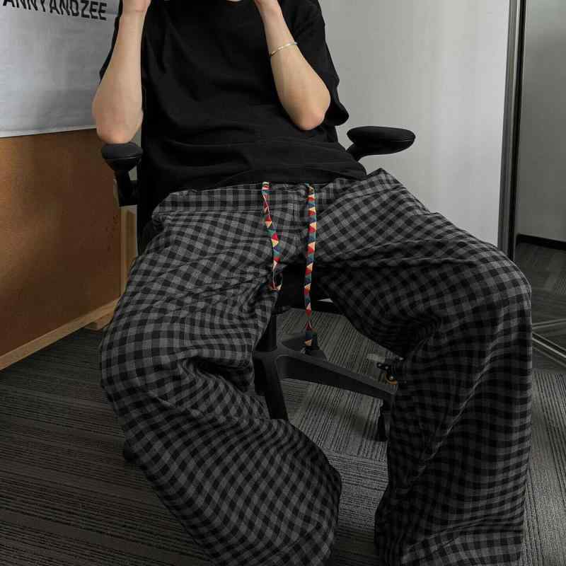 パンツ メンズ 男性用 黒 グレー チェック柄 古着 秋冬 日本製 レトロ ゆったり ストレート ズボン 綿..